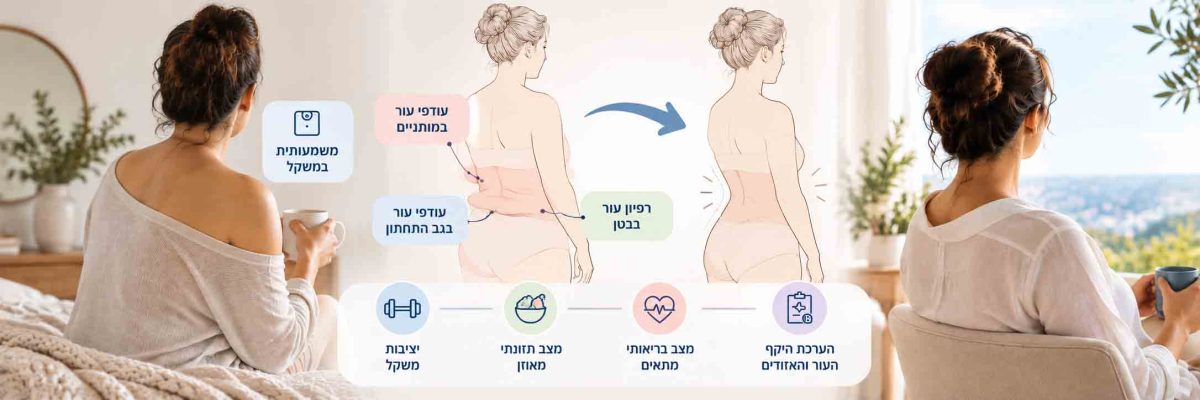 איור רפואי המציג עודפי עור בבטן, במותניים ובגב התחתון לאחר ירידה משמעותית במשקל, לצד המחשת מתיחת בטן היקפית והשיקולים להתאמה לניתוח.